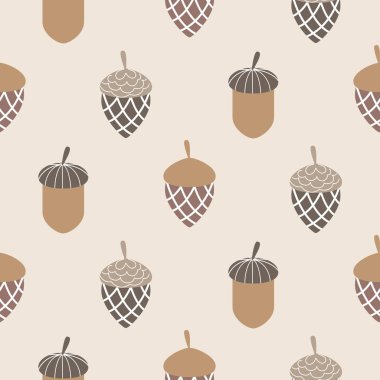 Kusursuz sonbahar şablonu. Bej arka planda meşe palamudu. Vektör illüstrasyonu.