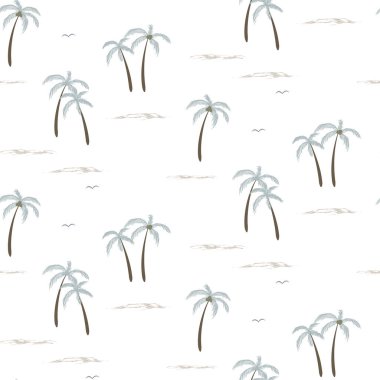 Palmiye ağaçları kusursuz bir yaz şablonudur. Kağıt kaplama yaz şablonu. Palmiye ağaçları ve dalgalarıyla sevimli karalama yaz deseni