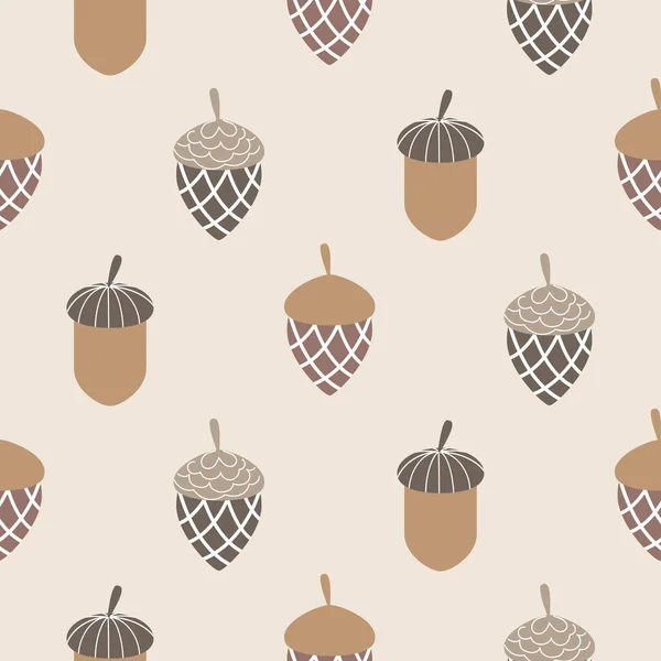 Seamless autumn pattern. Acorns on beige background. Vector illustration. — Vetor de Stock