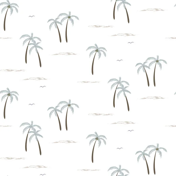 Palm trees vector seamless summer pattern. Wrapping paper summer pattern. Cute doodle summer pattern with palm tree and waves