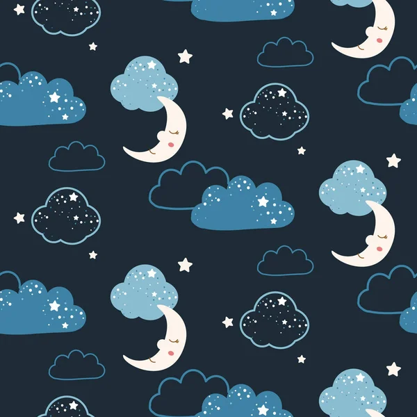 Cute Clouds and Moon Seamless Pattern blue and white vector background — Stock Vector