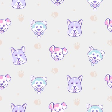 Çizgi film Shiba Köpekleri Tasarımı Beyaz Arkaplanda Kusursuz Desen. Pastel köpek deseni