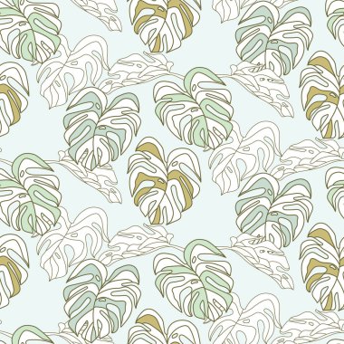 Canavar doğası desen tasarımı, orman yeşili çizgi sanatı, tropikal yaprak duvar kağıdı, el çizimi kumaş baskısı tasarımı.