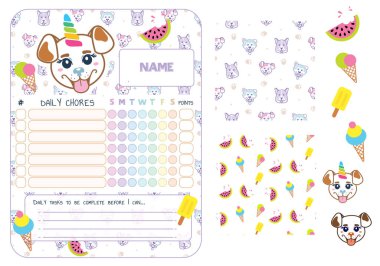 Günlük Ev İşleri kontrol listesi planlayıcı şablonu. Tek boynuzlu köpek yavrusu gökkuşağı renkleri çocuklar için iz sürücü.