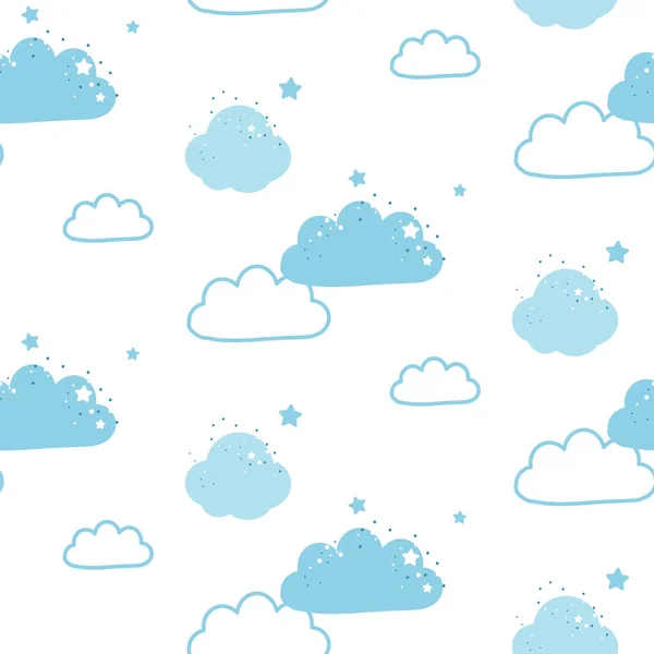 Cute Cloud Seamless Pattern Blue White Vector Background — 스톡 벡터