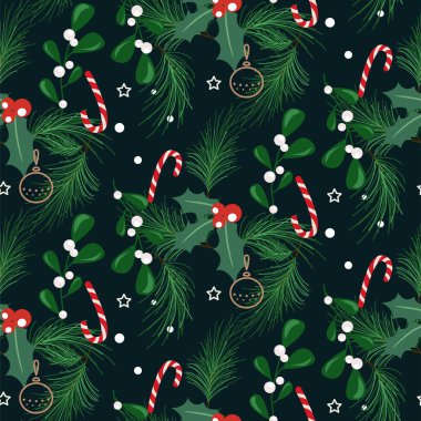 Noel ağacı dalları ve böğürtlen, dikişsiz şeker kamışı deseni. Kış tatili mavi ambalaj kağıdı tasarımı.