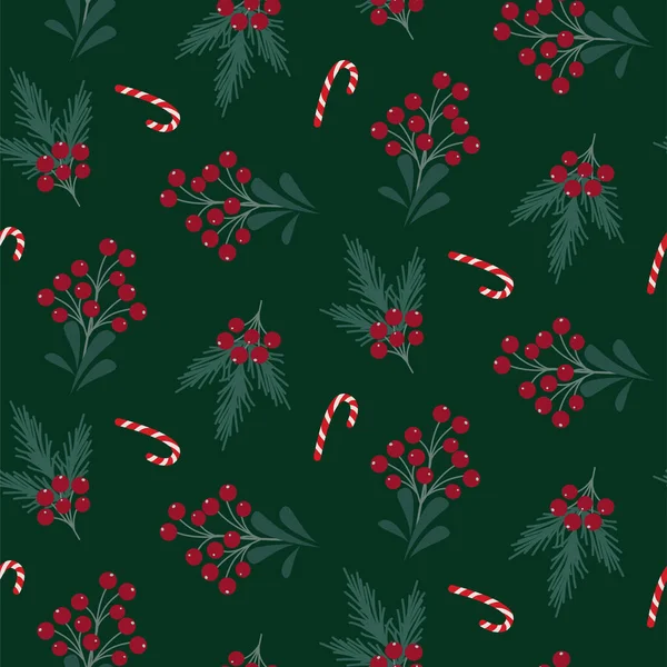 Christmas Tree Branches Berries Seamless Pattern Winter Holidays Green Wrap — Vector de stock