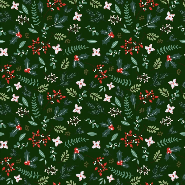 Christmas Tree Branches Berries Seamless Pattern Winter Xmas Holidays Green — Vector de stock