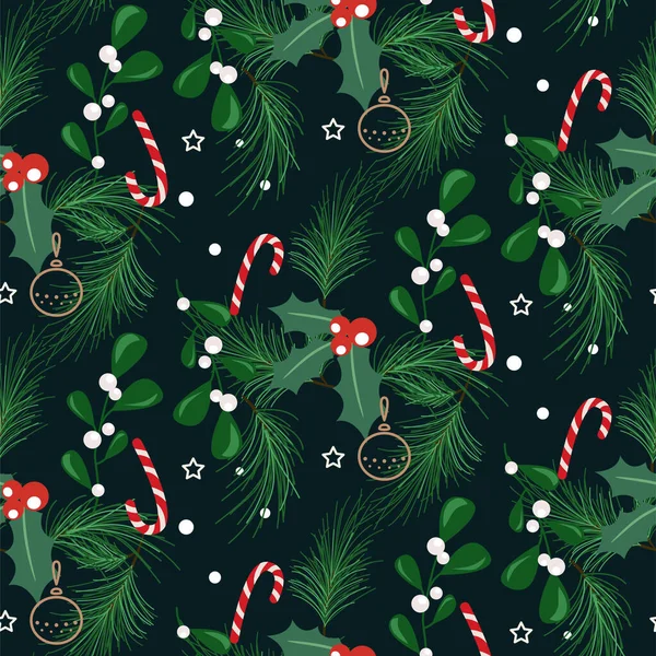 Zweige Und Beeren Von Weihnachtsbäumen Nahtloses Muster Aus Zuckerrohr Winterurlaub — Stockvektor