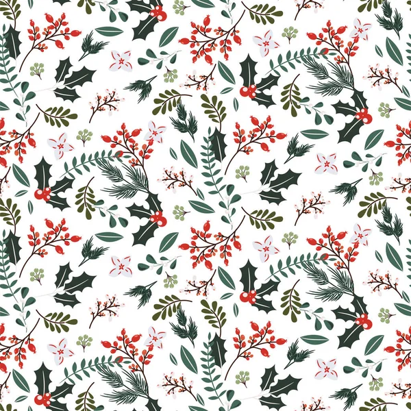 Christmas Tree Branches Berries Seamless Pattern Winter Holidays White Background — стоковый вектор