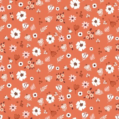 Kırmızı millefleur desenli çiçek rengi, klasik, dikişsiz desen. Tekstil ve giysi için sevimli küçük çiçek dokusu arkaplanı.