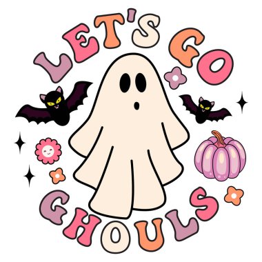 Spooky Season Vibes Sublimation. Lets go ghouls Halloween ghost retro t-shirt design with bats and pumpkin