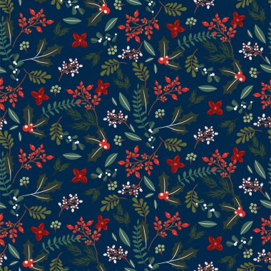 Christmas tree branches and berries seamless pattern. Winter holidays blue wrap paper design.