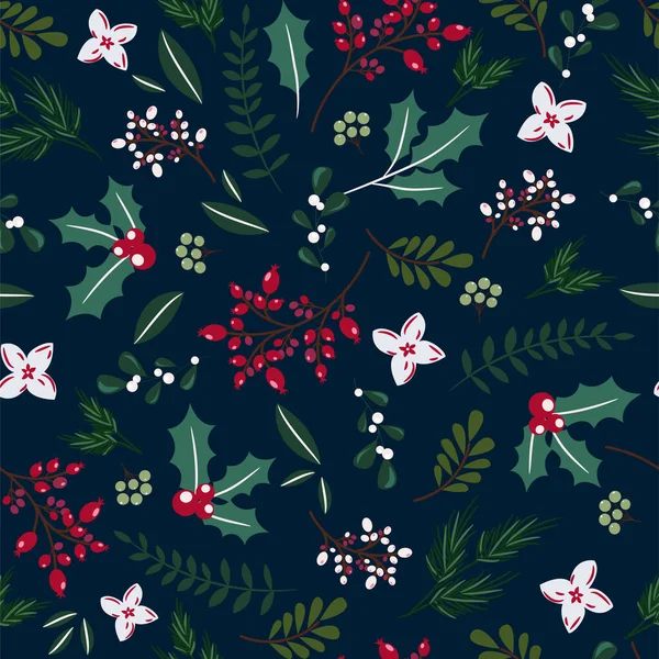 Christmas Tree Branches Berries Seamless Pattern Winter Holidays Blue Wrap — Vector de stock
