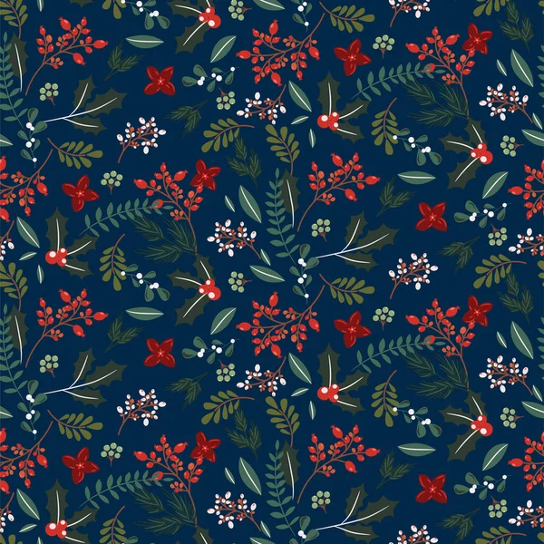 Christmas Tree Branches Berries Seamless Pattern Winter Holidays Blue Wrap — Stockvektor