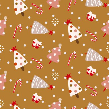 Christmas trees pink mustard seamless pattern. Xmas wrap paper background with snow and gifts