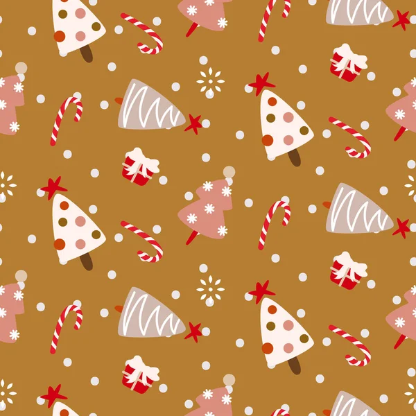 Christmas Trees Pink Mustard Seamless Pattern Xmas Wrap Paper Background — Vector de stock
