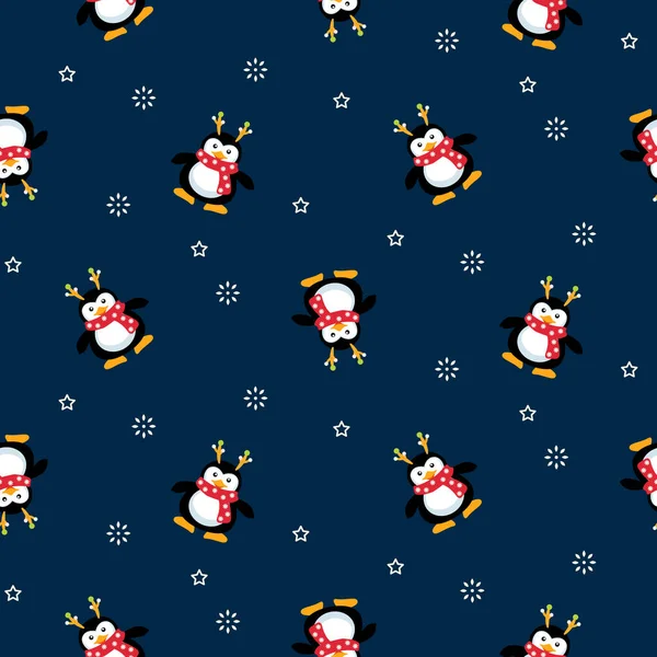 Cute Penguins Christmas Seamless Pattern Blue Background Snow Snowman — Vector de stock