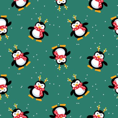 Sevimli penguenler, Noel 'de kusursuz kalıplar. Kar ve kardan adam ile yeşil arkaplan.