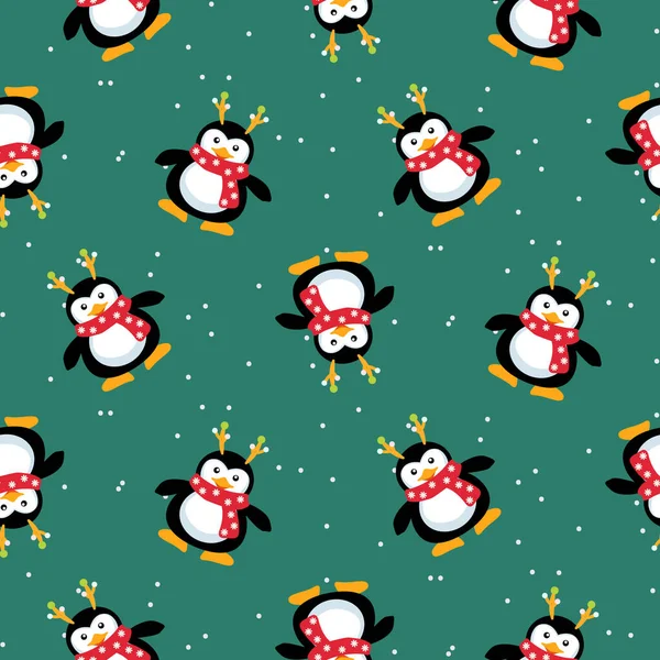 Lindos Pingüinos Patrón Sin Costura Navidad Fondo Verde Con Nieve — Vector de stock