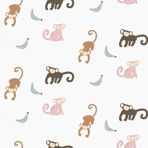 Monyet Banana Baby Seamless Pattern Anak Kera Pink Background Clothes - Stok Vektor