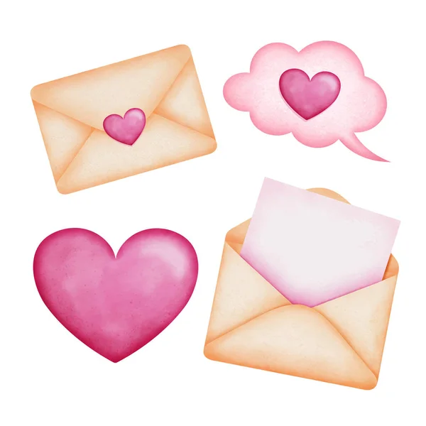 Happy Valentine Day Symbols Set Opened Envelope Romantic Love Letter — Vetor de Stock