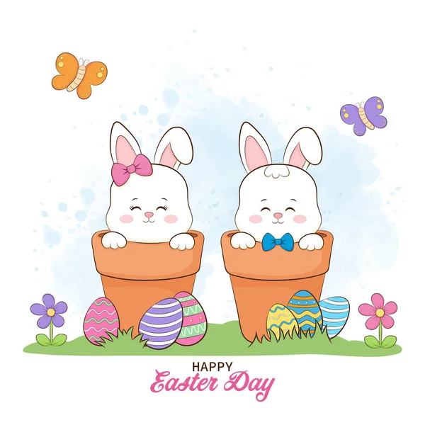 Çiçek saksısında paskalya yumurtaları olan sevimli bir tavşan.