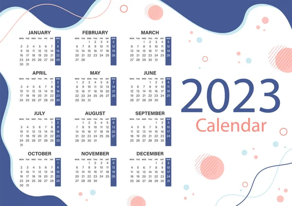 2023 yıllık takvim, hafta pazartesi başlıyor.