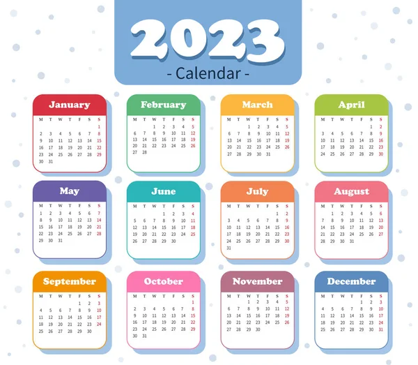 2023 yıllık takvim, hafta pazartesi başlıyor.