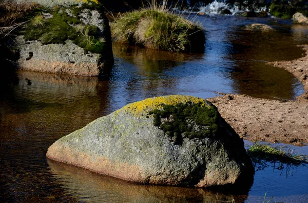 Перетинаючи Гірський Потік Річка Великими Гранітними Каменями Коляскою Дерев Яному — стокове фото