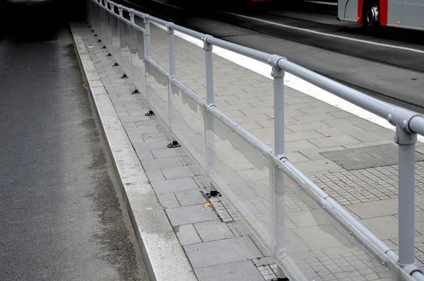 Bus Platform Protected One Side Transparent Plexiglass Attached Gray Metal — Stock Photo, Image
