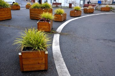 Meydanın yanındaki süs saksıları. Süslü çiçekli otlar. Tahta malzemeden yapılma saksı şeklindeki saksı. Masalı kamp tezgahı