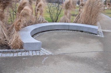 Japon uzun kuru otları kış için demetlere bağlandı. Parktaki granit bankın etrafını saran çiçek tarhının kemerinde. Bank at nalı gibi kıvrılmış, kaldırımın kenarında pürüzsüz bir yüzeyi var.