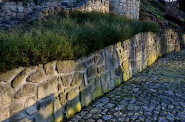 Yokuş aşağı kestirme yol. Yolun üstünde ve altında taş bir duvar var. Sonbahar parkında kanalizasyon ve metal şebeke ile doğa izleri. Her yıl kuraklık sarısı ile kaplanmış yamaçlar