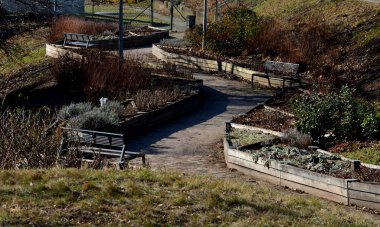 Büyüyen alanların çapraz bölünmüş bitkisel yatakları. Botanik türlerini eğitmek için profesyonel bir bahçıvanlık okulunun gösteri ve eğitim yatakları. Paslanmaz çelik eklemler. otururken