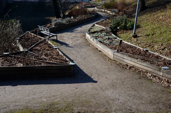 Büyüyen alanların çapraz bölünmüş bitkisel yatakları. Botanik türlerini eğitmek için profesyonel bir bahçıvanlık okulunun gösteri ve eğitim yatakları. Paslanmaz çelik eklemler. otururken