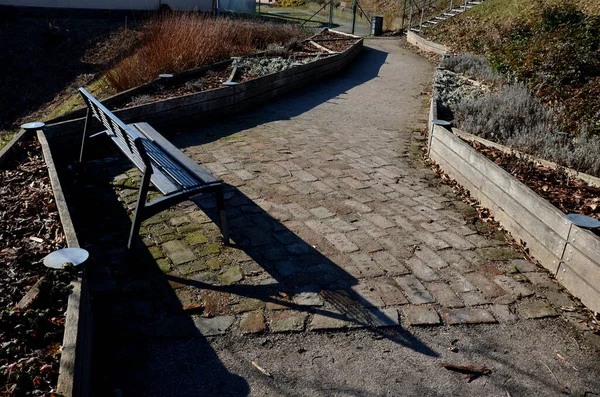 Büyüyen alanların çapraz bölünmüş bitkisel yatakları. Botanik türlerini eğitmek için profesyonel bir bahçıvanlık okulunun gösteri ve eğitim yatakları. Paslanmaz çelik eklemler. otururken