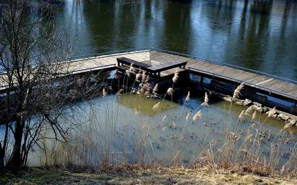 Floating Walkway Made Wooden Planks Pier Narrow Curved Paths Stilts — Stock Photo, Image