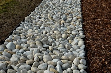 Sokak hattı, büyük beyaz çakıl taşlarıyla süslenmiş dikdörtgen bir şeride dikilmiş. Malç kabuğundan daha net ve daha resmi görünüyor. Çimenli, plastik kaldırımlı bir park meydanının temiz temsilcisi