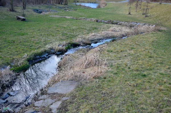 Затопленный Поток Привел Узкому Руслу Реки Вода Быстро Стекает Изгибы — стоковое фото