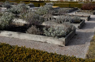 Manastır bahçesindeki şatoda ahşap çerçeveli ot yatakları. Otlarla dolu dikdörtgen çiçek tarhı ve parlak renkli park yolları. Kesilmiş boxwood çitlerini korudum. Eğitim, okul, bahçıvanlık.