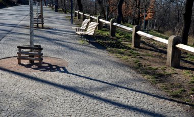 Parkta kaldırım taşı yolu ve yeni katlanmış ahşap panelli kahverengi banklar ile gezinti alanı. Uzun ömürlü süs çiçekleri, çit kirişli çit kiriş çayırları
