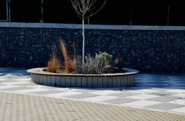 Ağacın gövdesini çevreleyen daha küçük tahtalardan oluşan yuvarlak banklarla çevrelenmiş, yerden yükseltilmiş ağaç kaseleri. Çiçek saksısı uzun yıllıklarla ekilir.