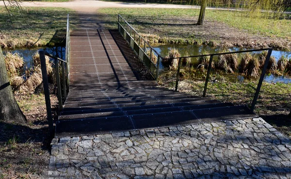 Brücke Aus Rostigem Gitterblech Transparentes Blech Mit Einem Geländer Aus — Stockfoto