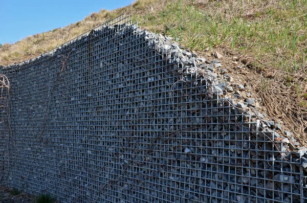 Gaviones Gran Muro Contención Cesta Llena Forrada Piedra Está Lleno — Foto de Stock