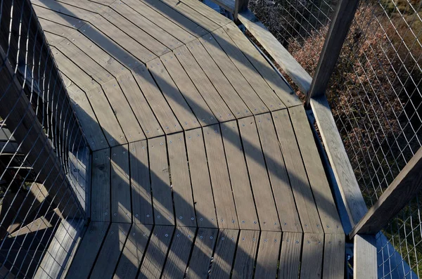 Paslanmaz Çelik Parmaklıklarla Gölün Etrafında Ender Ördekler Olan Bir Tahta — Stok fotoğraf