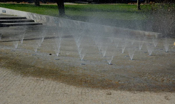 带有不锈钢四分之一喷流的水浴 水的特征直接来自鹅卵石方块 圆形沟槽围绕中心 城镇广场 马赛克格栅喷泉 — 图库照片