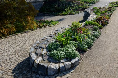 Granit tavan arası ve küçük eklemleri olan güzel katlanmış istinat duvarı. Kahverengi bej rengi düzensiz gneiss taşı üzerinde bir yamaç tutuyor. Etrafta talepsiz daimi varlıklar var.