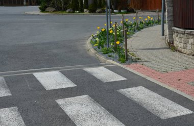 Bir kare granit asfaltın ortasında düzenli bir zemin planı üzerinde süslemeli çiçek yatakları. Kavşağında kuru otlar olan kemer şeklinde çiçek yatakları.