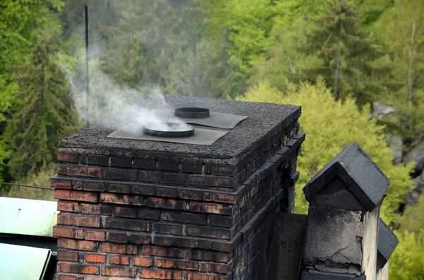 Dirty Chimney Which Coal Heated Soot Everywhere Brick Masonry Spring — Stok fotoğraf